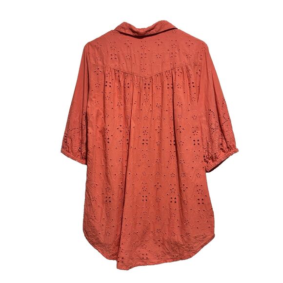 SUNDANCE Corsica Eyelet Puff Sleeve Top Womens Medium Coral Button Up Cotton - Picture 3 of 8